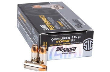 Image of SIG SAUER Elite V-Crown 9mm Luger 115 Grain Jacketed Hollow Point Brass Cased Centerfire Pistol Ammo, 50 Rounds, E9 mmA1-50