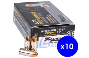 Image of SIG SAUER Elite V-Crown 9mm Luger 115 Grain Jacketed Hollow Point Brass Cased Centerfire Pistol Ammo, 500 Rounds, E9 mmA1-50-KIT1