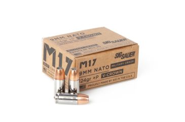 Image of SIG SAUER Elite V-Crown M17 Pistol Ammunition, 9 mm Luger +P, 124 grain, Jacketed Hollow Point, 20 Rounds/ Box, Brass, E9MMA2P-M17-20