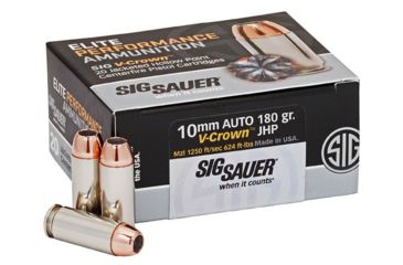 Image of SIG SAUER Elite V-Crown Pistol Ammunition, 10mm Auto, 180 grain, Jacketed Hollow Point, 20 Rounds/ Box, Brass, E10MM1-20