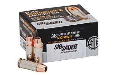 Image of SIG SAUER Elite V-Crown Pistol Ammunition, .38 Super +P, 125 grain, Jacketed Hollow Point, 20 Rounds/ Box, Brass, E38SU1-20