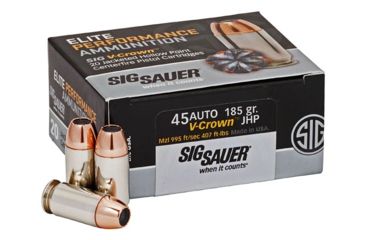 Image of SIG SAUER Elite V-Crown Pistol Ammunition, .45 ACP, 185 grain, Jacketed Hollow Point, 50 Rounds/ Box, Brass, E45AP0-50