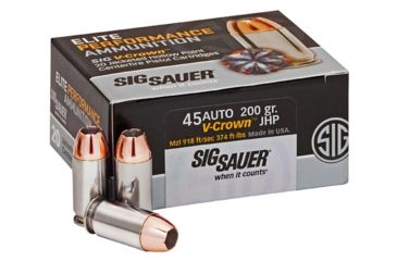 Image of SIG SAUER Elite V-Crown Pistol Ammunition, .45 ACP, 200 grain, Jacketed Hollow Point, 50 Rounds/ Box, Brass, E45AP1-50