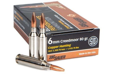 Image of SIG SAUER SIG Hunting Rifle Ammo 6mm Creedmoor 80 grain Hunting Tipped Brass Cased Centerfire Rifle Ammo, 20 Rounds, E6MMCH1-20