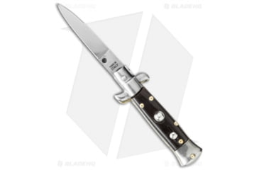 Image of SKM 4.5 Italian Mini Stiletto Automatic Folding Knife, 2.00in, Stainless Steel, Drop Point Blade, Dark Horn, Black Handle, Black/Steel, 4.50 inch, BHQ-51034