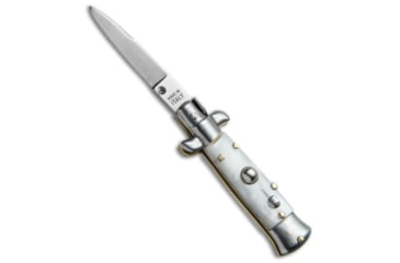 Image of SKM 4.5 Italian Mini Stiletto Automatic Folding Knife, 2.00in, Stainless Steel, Drop Point Blade, Acrylic, White Handle, White/Steel, 4.50 inch, BHQ-67448