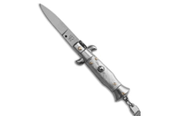 Image of SKM 4 Keychain Stiletto Automatic Folding Knife, 1.625in, Stainless Steel, Bayonet Blade, Acrylic, Gray Handle, Gray/Steel, 4.00 inch, BHQ-51044