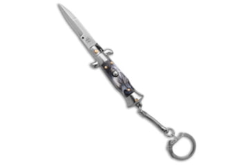 Image of SKM 4 Keychain Stiletto Automatic Folding Knife, 1.625in, Stainless Steel, Bayonet Blade, Acrylic, Gray Handle, Gray/Gray, 4.00 inch, BHQ-183373