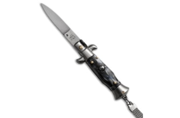 Image of Skm SKM 4&quot; Keychain Stiletto Automatic Knife Sim Horn 1.6&quot; Satin Flat, Black/White, Stainless Steel, adult, BHQ-51042