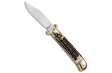 Image of SKM 8 Italian Automatic Folding Knife, 3.25in, Stainless Steel, Clip Point Blade, Stag, Brown Handle, Brown/Steel, 7.75 inch, BHQ-81503