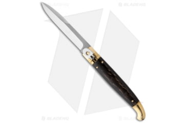 Image of SKM 9.5 Sicilian Brass Automatic Folding Knife, 4.00in, Stainless Steel, Bayonet Blade, Dark Horn, Black Handle, Black/Gray, 9.50 inch, BHQ-19454