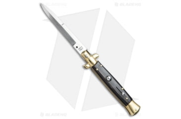 Image of SKM 9 Italian Stiletto Automatic Folding Knife, 3.875in, Stainless Steel, Bayonet Blade, Dark Horn, Black Handle, Brass, Black/Steel, 8.875 inch, BHQ-51014