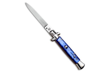 Image of SKM 9 Italian Stiletto Automatic Folding Knife, 3.875in, Stainless Steel, Dagger Blade, Acrylic, Blue Handle, Blue/Steel, 8.875 inch, BHQ-95294