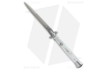 Image of SKM AB 11 Italian Stiletto Automatic Folding Knife, 5.00in, Stainless Steel, Bayonet Blade, Acrylic, White Handle, Pearlex, White/Steel, 11.00 inch, BHQ-51123