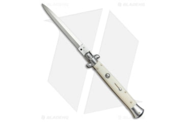 Image of SKM AB 11 Italian Stiletto Automatic Folding Knife, 5.00in, Stainless Steel, Dagger Blade, Acrylic, White Handle, Sim Bone, White/Steel, 11.00 inch, BHQ-51131