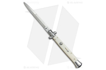 Image of SKM AB 11 Italian Stiletto Automatic Folding Knife, 5.00in, Stainless Steel, Bayonet Blade, Acrylic, White Handle, Sim Bone, White/Steel, 11.00 inch, BHQ-51135