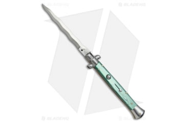 Image of SKM AB 11 Italian Stiletto Automatic Folding Knife, 5.00in, Stainless Steel, Kriss Blade, Acrylic, Green Handle, Pearlex, Green/Steel, 11.00 inch, BHQ-51137