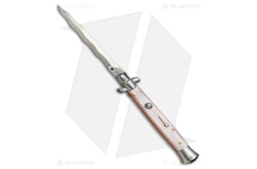 Image of SKM AB 11 Italian Stiletto Automatic Folding Knife, 5.00in, Stainless Steel, Kriss Blade, Acrylic, Pink Handle, Pearlex, Pink/Steel, 11.00 inch, BHQ-51145