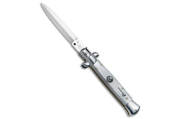Image of SKM AB 8 Italian Stiletto Dagger Automatic Folding Knife, 3.375in, Stainless Steel, Dagger Blade, Acrylic, Gray Handle, Pearlex, Gray/Gray, 7.75 inch, BHQ-75630