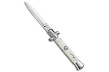 Image of SKM AB 8 Italian Stiletto Dagger Automatic Folding Knife, 3.375in, Stainless Steel, Dagger Blade, Acrylic, White Handle, Ivory, White/Gray, 7.75 inch, BHQ-75624