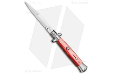 Image of SKM AB 9 Italian Stiletto Automatic Folding Knife, 3.875in, Stainless Steel, Dagger Blade, Acrylic, Red Handle, Pearlex, Red/Steel, 8.875 inch, BHQ-69127