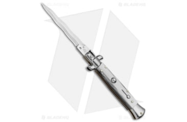 Image of SKM AB 9 Italian Stiletto Automatic Folding Knife, 4.00in, Stainless Steel, Kriss Blade, Acrylic, White Handle, Kris, White/Gray, 8.75 inch, BHQ-71225