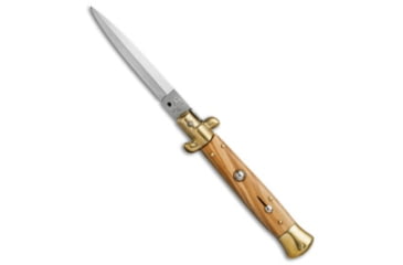 Image of SKM AB 9 Italian Stiletto Automatic Folding Knife, 3.875in, Stainless Steel, Dagger Blade, Olive Wood, Wood Handle, Brass/Olive, Wood/Steel, 8.875 inch, BHQ-51142