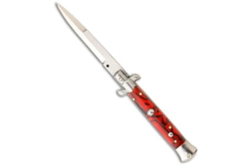 Image of SKM AB 9 Italian Stiletto Automatic Folding Knife, 4.00in, Stainless Steel, Bayonet Blade, Acrylic, Red Handle, Standard, Red/Steel, 9.00 inch, BHQ-51141