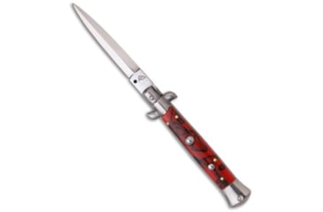 Image of SKM AB 9 Italian Stiletto Automatic Folding Knife, 4.00in, Stainless Steel, Bayonet Blade, Acrylic, Red Handle, Dagger, Red/Steel, 9.00 inch, BHQ-51081