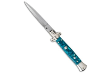 Image of SKM AB 9 Italian Stiletto Automatic Folding Knife, 4.00in, Stainless Steel, Dagger Blade, Acrylic, Green Handle, Turquoise, Green/Gray, 8.75 inch, BHQ-51106
