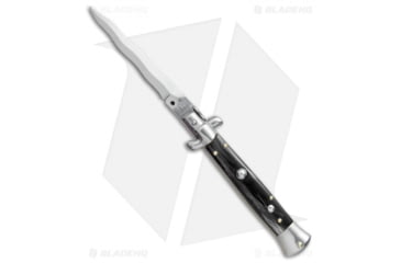 Image of SKM AB 9 Italian Stiletto Kris Automatic Folding Knife, 3.875in, Stainless Steel, Kriss Blade, Horn, Black Handle, Black/Steel, 8.875 inch, BHQ-74903