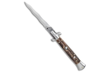 Image of SKM AB 9 Italian Stiletto Kris Automatic Folding Knife, 3.875in, Stainless Steel, Kriss Blade, Stag, Brown Handle, Brown/Steel, 8.875 inch, BHQ-74902