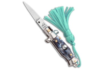 Image of SKM Italian Stiletto Keychain, 1.125in, Stainless Steel, Spear Point Blade, Acrylic, Marble/Teal Handle, Marble/Teal/Gray, 2.75 inch, BHQ-102943