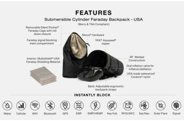 Image of SLNT Submersible Cylinder Faraday Backpack, USA Berry Compliant, Black, 40L, DFT-40L-BER-B