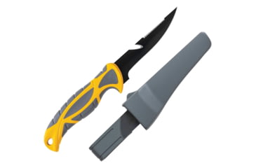 Image of Smith's Sharpeners Bait Breaker Fixed Blade Knife, 9.5in Overall, 4in Black Coated 420 SS Blade, Gray And Yellow Tpe Handle, Sawback Blade Features Line Cutter, Gray Synthetic, Gray and yellow, 51092