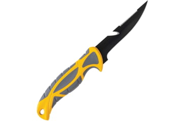 Image of Smith's Sharpeners Bait Breaker Fixed Blade Knife, 9.5in Overall, 4in Black Coated 420 SS Blade, Gray And Yellow Tpe Handle, Sawback Blade Features Line Cutter, Gray Synthetic, Gray and yellow, 51092