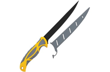 Image of Smith's Sharpeners Lawaia Fillet Knife, 12.5in Overall, 7in Black 420 SS Blade, Gray And Yellow Tpe Handle, Gray Plastic Blade Cover, Gray and yellow, 51093