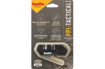 Image of Smith's Sharpeners PP1 Mini Tactical Sharpener, 3.25in Overall, Black G10 Handle, Ceramic And Carbide Sharpening Slots, Diamond Coated Sharpening Rod, Black, AC50982