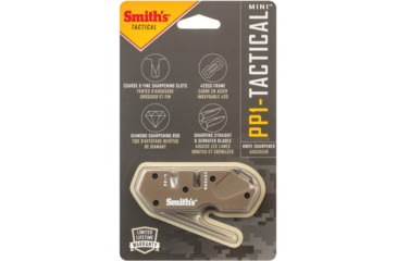 Image of Smith's Sharpeners PP1 Mini Tactical Sharpener, 3.25in Overall, Desert Tan G10 Handle, Non-Slip Base, Ceramic And Carbide Sharpening Slots, Diamond Coated Sharpening Rod, Desert tan, AC50983