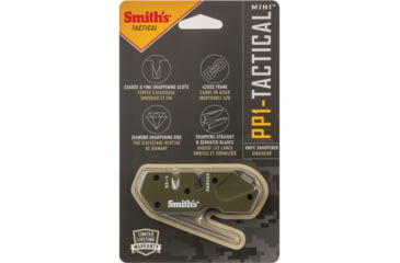 Image of Smith's Sharpeners PP1 Mini Tactical Sharpener, 3.25in Overall, OD Green G10 Handle, Ceramic And Carbide Sharpening Slots, Diamond Coated Sharpening Rod, OD green, AC50984