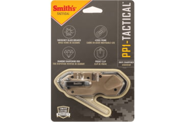 Image of Smith's Sharpeners PP1 Tactical Desert, 4.25in Overall, Desert Tan G10 Handle, Black 420 SS Frame, Diamond Sharpening Rod, Pocket Clip, Ceramic And Carbide Sharpening Slots, Desert tan, AC50980