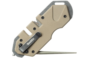 Image of Smith's Sharpeners PP1 Tactical Desert, 4.25in Overall, Desert Tan G10 Handle, Black 420 SS Frame, Diamond Sharpening Rod, Pocket Clip, Ceramic And Carbide Sharpening Slots, Desert tan, AC50980