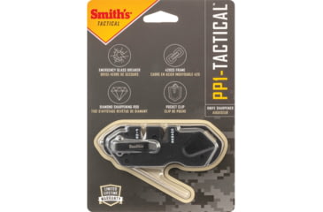 Image of Smith's Sharpeners PP1 Tactical Sharpener, 4.25in Overall, Black G10 Handle, Black 420 SS Frame, Diamond Sharpening Rod, Pocket Clip, Ceramic And Carbide Sharpening Slots, Black, AC50979