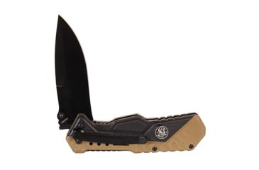Image of Smith &amp; Wesson Assisted Folding Knife 3.5in Black Plain Blade, Rubberized Aluminum Handles, Brown/Black, 1084302
