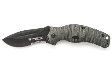 Image of Smith &amp; Wesson Black Ops M.A.G.I.C. Assisted Opening Liner Lock Folding Knife,3.3in Black Carbon Steel Partially Serrated Drop Point Blade,Grey Aluminum Handle,Clam Package SWBLOP4BSCP