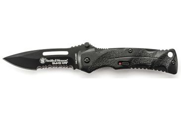 Image of Smith &amp; Wesson Black Ops Mini M.A.G.I.C. Assisted Opening Folding Knife,2.5in Black Steel Partially Serrated Re-Curve Drop Point Blade,Black Aluminum Handle,Clam Package SWBLOP2SMBSCP