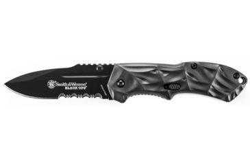 Image of Smith &amp; Wesson Black Ops Mini M.A.G.I.C. Assisted Opening Liner Lock Folding Knife,2.5in Black Steel Partially Serrated Drop Point Blade,Grey Aluminum Handle,Clam Package SWBLOP3SMSCP