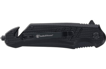 Image of Smith &amp; Wesson Extreme Ops Folding Knife w/ Strap Cutter, 3.5in, 7Cr Stainless Steel, Black Clip Point Partially Serrated Blade, Black Aluminum Handle, Clam Pack, 1215364