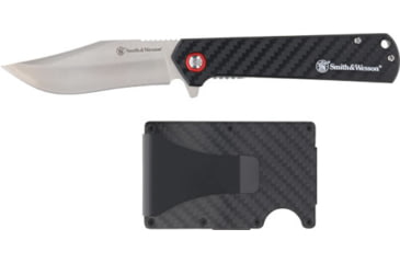 Image of Smith &amp; Wesson Folding Knife &amp; Wallet Combo, 3.38in, Stainless Steel Satin Blade, Black Carbon Fiber Kydex Handle, 1227072