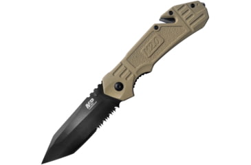 Image of Smith &amp; Wesson M&amp;P Linerlock A/O Folding Knife, 4.63in Closed, 3.25in Black Partially Serrated SS Tanto Blade, Tan Rubberized Aluminum Handle, Belt/Cord Cutter, Pocket Clip, Tan, 1100076